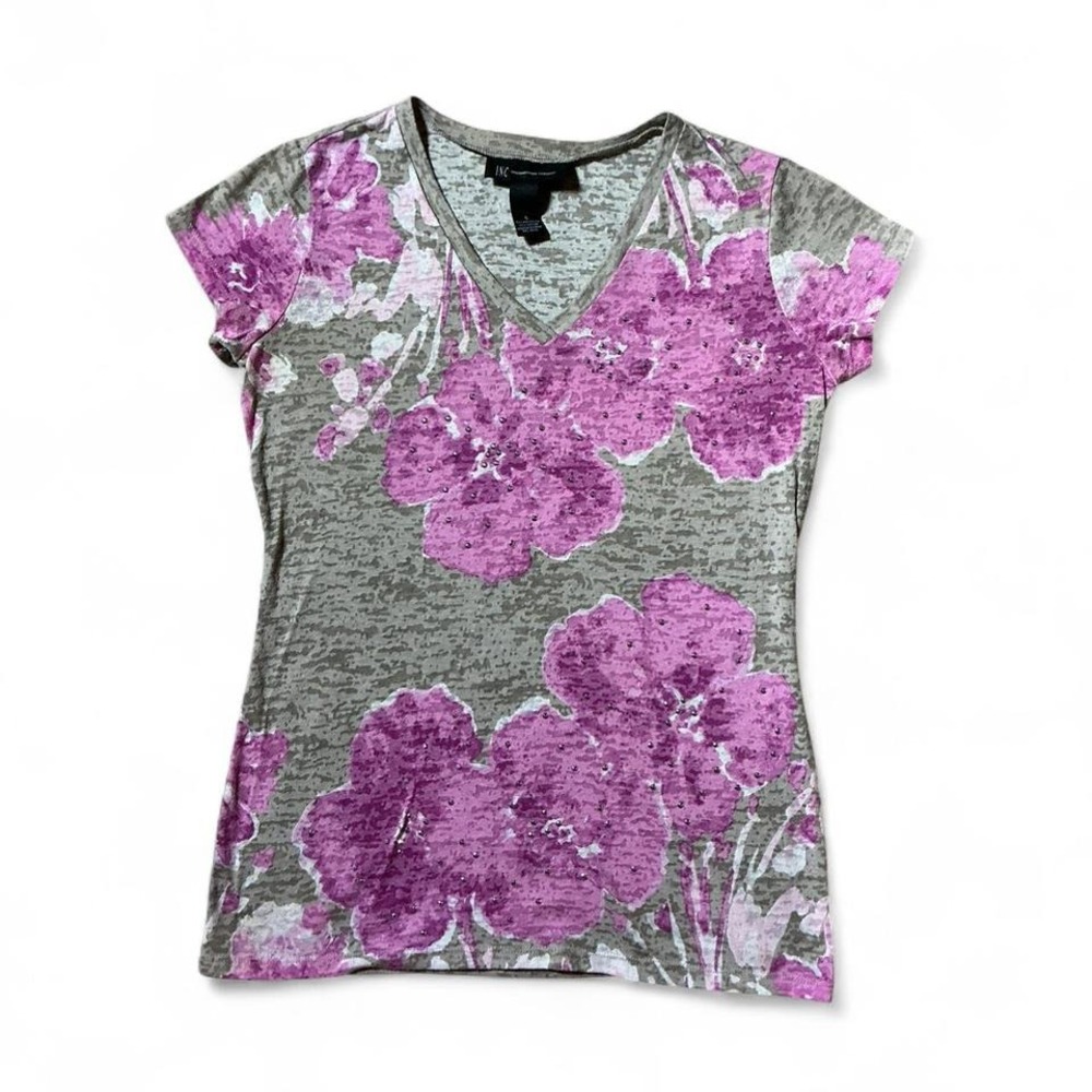 Y2K INC International Concepts Women's Gray Floral Rhinestone V Neck T Shirt S‎